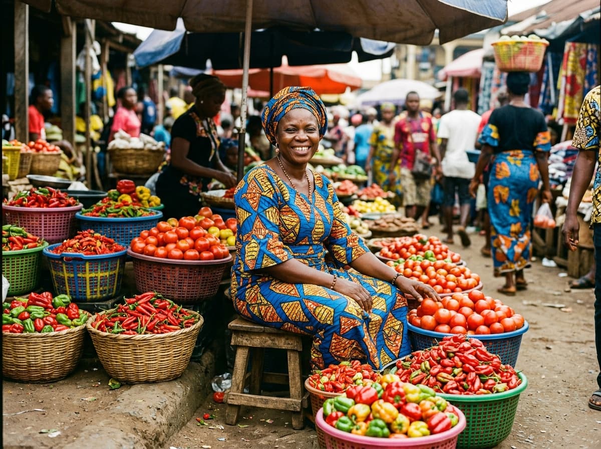 Nigerian woman market trader with fresh produce in Oyo State