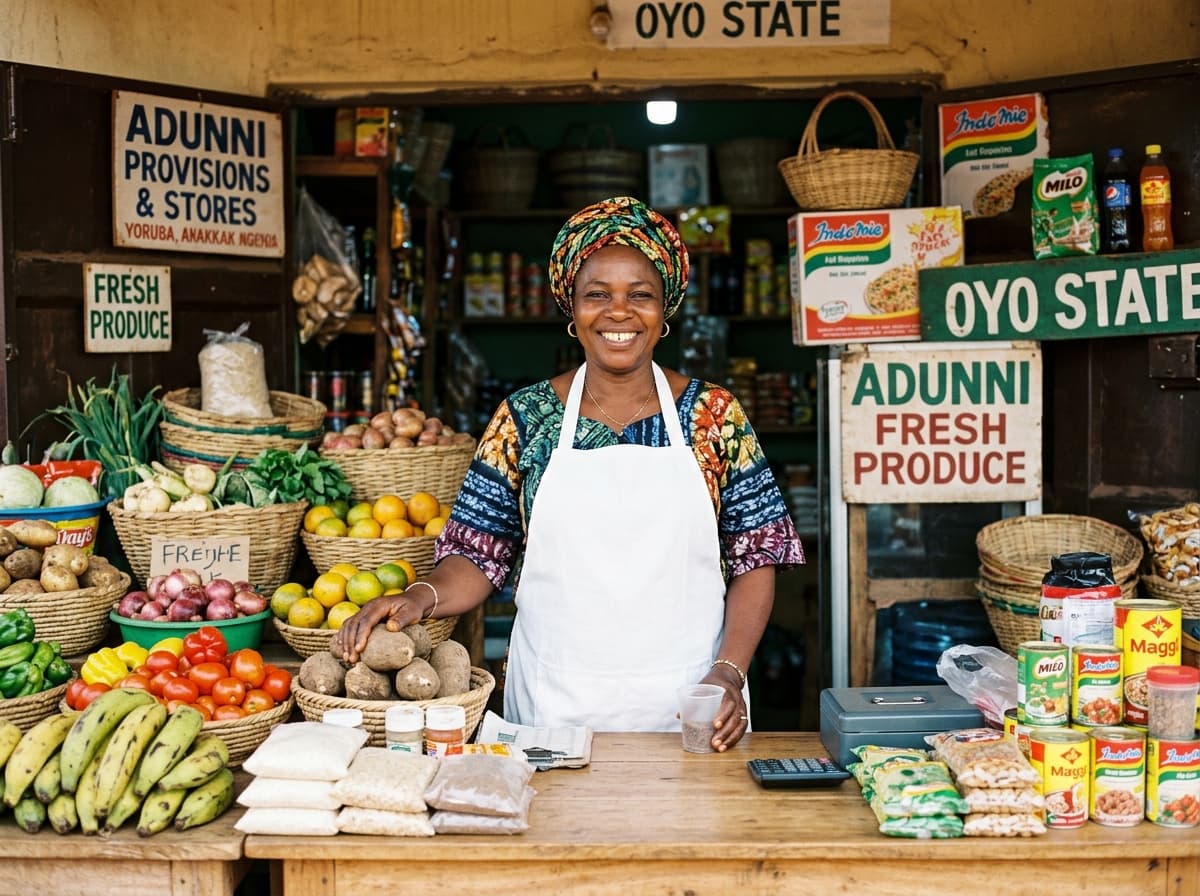 Nigerian female trader smiling in front of her store